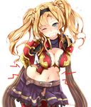  armor belt blonde_hair blue_eyes blush breasts cleavage clenched_teeth granblue_fantasy hairband large_breasts leaning_forward long_hair narushima_kanna navel pain red_armor skirt solo sweatdrop tears teeth thighhighs twintails twitter_username wince zeta_(granblue_fantasy) 