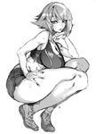  bad_id bad_twitter_id breasts greyscale hohehohe kantai_collection large_breasts monochrome mutsu_(kantai_collection) short_hair short_shorts shorts solo squatting tank_top thick_thighs thighs 