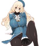  angelo_(gomahangetsu) arm_support atago_(kantai_collection) beret between_legs black_gloves blonde_hair blush breasts buttons cravat frilled_sleeves frills gloves green_eyes hair_between_eyes hand_between_legs hat head_tilt highres kantai_collection large_breasts long_hair long_sleeves looking_at_viewer military military_uniform panties panties_under_pantyhose pantyhose sitting smile solo underwear uniform very_long_hair 