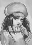  buttons coat danann expressionless freckles grey_background gundam gundam_build_fighters hat lips long_hair long_sleeves mihoshi_(gundam_bf) monochrome parted_lips simple_background solo upper_body winter_clothes winter_coat 