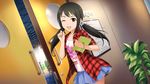  artist_request black_hair blue_skirt bracelet brown_eyes flower hair_flower hair_ornament highres idolmaster idolmaster_cinderella_girls idolmaster_cinderella_girls_starlight_stage jewelry nakano_yuka official_art one_eye_closed plaid plaid_shirt shirt skirt sleeves_rolled_up smile solo_focus star twintails 