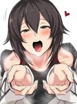  bare_shoulders black_hair blush breath caress cupping_hands hayasui_(kantai_collection) jacket kantai_collection long_sleeves looking_at_viewer open_clothes open_jacket open_mouth oral_invitation outstretched_arms sexually_suggestive short_hair silver_eyes smile solo tank_top track_jacket ulrich_(tagaragakuin) 