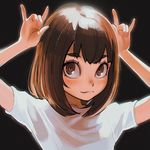  :3 \m/ black_background brown_eyes brown_hair double_\m/ ilya_kuvshinov looking_at_viewer original short_hair simple_background smile solo 