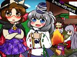  bad_id bad_pixiv_id bonfire bow brown_eyes brown_hair cape crossed_arms fujiwara_no_mokou glasses hair_bow hair_tubes hakurei_reimu hat japanese_clothes kariginu mononobe_no_futo motsu_(selshia12) multiple_girls open_mouth purple_eyes purple_hair red-framed_eyewear red_eyes silver_hair sukuna_shinmyoumaru tate_eboshi touhou trembling usami_sumireko wide_sleeves 