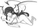  bangs breasts censor_text censored commentary demon_girl demon_tail demon_wings earrings english_commentary greyscale jewelry large_breasts lilim_(shinkai_no_valkyrie) long_hair monochrome novelty_censor nude pointy_ears shinkai_no_valkyrie sketch smile solo spike_wible succubus tail wings work_in_progress 