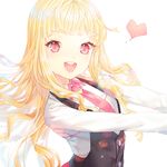  :d bangs blonde_hair blurry bokeh buttons depth_of_field heart long_hair long_sleeves looking_at_viewer necktie open_mouth original pink_neckwear red_eyes saban shirt smile solo teeth upper_body very_long_hair vest white_background white_shirt 