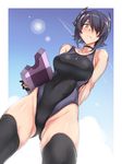  arm_behind_back black_legwear black_swimsuit breasts collarbone competition_swimsuit embarrassed eyepatch groin hair_over_one_eye kantai_collection large_breasts looking_at_viewer one-piece_swimsuit partially_visible_vulva purple_hair short_hair skindentation solo swimsuit tenryuu_(kantai_collection) thighhighs ulrich_(tagaragakuin) yellow_eyes 