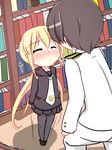  1girl :&lt; admiral_(kantai_collection) black_serafuku blonde_hair blush bookshelf closed_eyes commentary crescent from_above hetero highres imminent_kiss kantai_collection kiss long_hair long_sleeves military military_uniform naval_uniform necktie satsuki_(kantai_collection) school_uniform serafuku skirt thighhighs tiptoe_kiss tiptoes twintails uniform waiting_for_kiss yuu_(alsiel) 