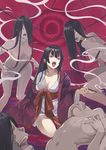  al_bhed_eyes bangs black_hair blank_eyes breast_hold breasts cleavage eyebrows eyebrows_visible_through_hair grey_skin hair_ornament hair_over_one_eye haori highres holding holding_pipe izanami_(noragami) japanese_clothes kimono kiseru long_hair loose_clothes medium_breasts multiple_girls navel noragami nude obi open_mouth pipe por purple_eyes sash sitting smoke string teeth tongue very_long_hair yuujo 