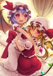  armais_(me-chan337) ascot asymmetrical_hair bat_wings blonde_hair blush crystal curtains dutch_angle fang flandre_scarlet hat hat_ribbon highres hug kneeling lavender_hair looking_at_viewer looking_back mob_cap multiple_girls on_bed open_mouth puffy_sleeves purple_eyes red_eyes remilia_scarlet ribbon sash shirt short_hair short_sleeves siblings sisters sitting skirt skirt_set smile touhou vest wings 