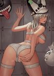  arm_support ass beltbra breasts breath guilty_gear guilty_gear_xrd hat large_breasts lasterk long_hair looking_back open_mouth orange_eyes panties pussy_juice ramlethal_valentine short_hair short_shorts shorts solo_focus strap thigh_strap underboob underwear white_hair 