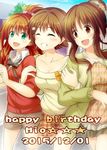  :d ^_^ aqua_eyes arm_hug blush brown_eyes brown_hair character_name closed_eyes dated flower girl_sandwich grin hair_flower hair_ornament happy_birthday hino_akane_(idolmaster) honda_mio idolmaster idolmaster_cinderella_girls locked_arms long_hair ment multiple_girls open_mouth orange_hair ponytail positive_passion sandwiched short_hair shorts skirt smile takamori_aiko walking 