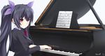  artist_name bass_clef beamed_eighth_notes beamed_sixteenth_notes black_hair blush dotted_half_note flat_sign grand_piano hair_ribbon half_note instrument keenh long_hair looking_at_viewer music musical_note neptune_(series) noire piano playing_instrument playing_piano quarter_note quarter_rest red_eyes ribbon sheet_music smile solo time_signature treble_clef twintails 