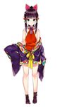  bad_id bad_twitter_id bare_legs bell black_hair black_legwear blue_eyes bow bowtie clothes_down dudou full_body hair_bell hair_bow hair_ornament highres japanese_clothes kimono long_hair looking_at_viewer original ponytail sakiyo_cake sidelocks simple_background sleeves_past_wrists solo standing tabi tassel white_background wide_sleeves 