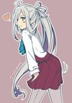  :3 ahoge asashimo_(kantai_collection) blush bow bowtie commentary_request from_side grey_eyes grey_hair grey_legwear hair_over_one_eye heart kantai_collection leaning leaning_forward long_hair long_sleeves looking_at_viewer moti_coi multicolored_hair outline pantyhose ponytail school_uniform simple_background skirt solo white_outline 
