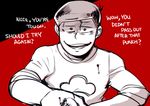  blood bloody_clothes chromatic_aberration english evil_smile hand_on_another's_chin looking_at_viewer male_focus matsuno_osomatsu nyaph osomatsu-kun osomatsu-san out_of_frame pov red_background shaded_face sleeves_pushed_up smile solo_focus spot_color upper_body 