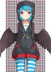  alternate_costume bat_wings blue_hair blue_legwear blush casual checkered checkered_background collarbone contemporary hood hoodie long_sleeves looking_at_viewer pantyhose plaid plaid_background red_eyes remilia_scarlet shirt short_hair simple_background sleeves_past_wrists smile solo standing striped striped_legwear touhou uumaru vampire white_shirt wings zipper 