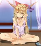  bare_shoulders barefoot blurry blush breasts cassette_player cleavage earphones full_body grin hair_ornament hair_ribbon hasebe_yuusaku head_tilt horn_ribbon horns ibuki_suika light_brown_hair long_hair looking_at_viewer no_pants off_shoulder on_floor panties ribbon shirt single_earphone_removed sitting small_breasts smile solo striped striped_panties touhou underwear walkman yellow_eyes 