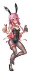  animal animal_ears bare_shoulders blush bow bowtie breasts bunny bunny_ears bunny_girl bunnysuit cleavage commentary_request detached_collar fishnets guilty_crown hair_ornament hairclip long_hair mascot_(4chan) pantyhose pink_hair red_eyes small_breasts solo twintails yuzuriha_inori 