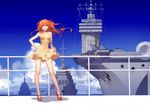  aircraft_carrier ask_(askzy) bare_arms bare_legs blue_choker blue_eyes breasts brown_hair choker cloud contrapposto day dress floating_hair full_body hand_on_hip legs long_hair long_legs looking_at_viewer mary_janes military military_vehicle neon_genesis_evangelion outdoors ship shoes short_dress sky small_breasts smile solo souryuu_asuka_langley spaghetti_strap standing sundress warship watercraft wind wind_lift yellow_dress 