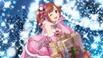  ;d artist_request bare_shoulders bow box breasts brooch brown_eyes brown_hair cape chin_rest christmas christmas_ornaments cleavage dress elbow_gloves frills fur fur_collar fur_trim gift gift_box gloves hair_ornament hair_ribbon highres holly idolmaster idolmaster_cinderella_girls idolmaster_cinderella_girls_starlight_stage igarashi_kyouko jewelry jpeg_artifacts light_particles lights long_hair looking_at_viewer medium_breasts miniskirt official_art one_eye_closed open_mouth pendant pink_gloves pink_ribbon pink_skirt ponytail red_ribbon ribbon short_dress side_ponytail skirt sleeveless smile snowflakes solo sparkle 
