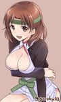  56_(goroku33) :d bad_id bad_pixiv_id breasts brown_eyes brown_hair chiyoda_(kantai_collection) cleavage cleavage_cutout headband kantai_collection large_breasts open_mouth short_hair simple_background sitting smile solo teeth twitter_username 