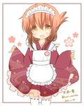  alternate_costume apron brown_eyes brown_hair cherry_blossoms commentary dated flying_sweatdrops inazuma_(kantai_collection) kantai_collection looking_at_viewer maid_apron maid_headdress narita_rumi open_mouth ribbon-trimmed_legwear ribbon_trim signature smile solo thighhighs twitter_username wa_maid 