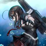  ahoge black_hair blue_eyes braid bubble cannon cloud fingerless_gloves gloves hair_ornament hair_over_shoulder kairoushu_(dones01127) kantai_collection necktie remodel_(kantai_collection) school_uniform shigure_(kantai_collection) single_braid skirt solo water 