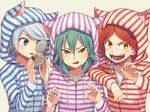  aqua_hair blue_eyes blue_hair cat_food inazuma_eleven_(series) inazuma_eleven_go kariya_masaki looking_at_viewer male_focus multiple_boys nagumo_haruya open_mouth red_hair riho suzuno_fuusuke tongue tongue_out upper_body yellow_eyes 