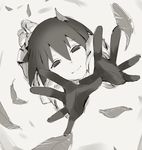  empty_eyes foreshortening from_above full_body gedou_(ge_ge_gedou) gloves greyscale leaf looking_at_viewer monochrome monogatari_(series) no_pupils open_hands oshino_ougi short_hair solo 
