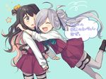  asashimo_(kantai_collection) black_hair boots check_translation fang hair_ribbon hug kantai_collection multicolored_hair multiple_girls naganami_(kantai_collection) open_mouth pantyhose purple_legwear ribbon school_uniform silver_hair skirt star translated translation_request yellow_eyes yoyoyotto 