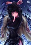  arms_up black_dress black_hair breasts dress eyebrows fubuki_(one-punch_man) fur_coat green_eyes highres jacket_on_shoulders jewelry large_breasts lipstick makeup making_of necklace one-punch_man ryu_shou short_hair side_slit solo 