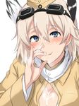  animal_ears blonde_hair blue_eyes blush breasts cleavage cum cum_in_mouth cum_on_body cum_on_breasts cum_on_hair cum_on_upper_body facial fellatio_gesture garrison_cap goggles goggles_on_head hand_up hat head_wings medium_breasts military military_uniform raisa_pottgen sexually_suggestive short_hair smile solo strike_witches ulrich_(tagaragakuin) uniform world_witches_series 
