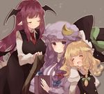  :o bat_wings blanket blonde_hair blush book bow braid breasts closed_eyes covering_with_blanket crescent downscaled drooling eighth_note grey_background hair_bow hair_ornament hat hat_removed head_wings headwear_removed kirisame_marisa koakuma large_breasts long_hair long_sleeves md5_mismatch mob_cap multiple_girls musical_note necktie open_mouth patchouli_knowledge pointy_ears puffy_sleeves purple_eyes purple_hair red_hair resized shirt side_braid single_braid skirt skirt_set sleeveless smile touhou upper_body usamata vest wings 
