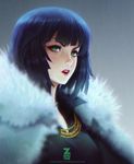  banned_artist blue_hair coat eyebrows fubuki_(one-punch_man) fur_collar green_eyes highres lips looking_at_viewer one-punch_man parted_lips paul_kwon short_hair solo 