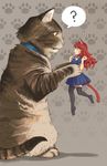  ? animal animal_ears artist_name blue_dress carrying cat cat_ears cat_tail collar dress from_side green_eyes highres joy_kim long_hair minigirl no_shoes original paw_print red_hair shadow signature speech_bubble tail thighhighs yellow_eyes 