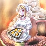  apron croissant food lamia looking_at_viewer monster_girl original oven pointy_ears scales solo 