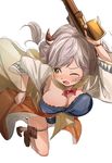  blush bouncing_breasts bracelet breasts camieux cleavage draph granblue_fantasy gun horns jewelry large_breasts long_hair low_twintails silver_hair skirt skirt_lift solo tears trigger_discipline twintails weapon yellow_eyes zakki_(1039) 