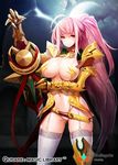  1girl armor armored_boots bikini_armor blush boots breasts character_request cloud cloudy_sky embarrassed female gauntlets gloves huge_breasts large_breasts long_hair looking_at_viewer moon pink_hair qurare_magic_library red_eyes sky smile snowball22 solo sword thighhighs weapon 