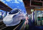  2012 bare_shoulders blue_sky cloud cloudy_sky commentary_request day dress flat_chest green_eyes green_hair ground_vehicle jianren long_hair looking_at_viewer luggage saya saya_no_uta see-through shinkansen sky smile solo sundress tactile_paving train train_station very_long_hair 