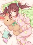  bed blush book brown_eyes brown_hair cellphone commentary_request hair_ornament hair_scrunchie highres idolmaster idolmaster_cinderella_girls long_hair looking_at_viewer lying multicolored multicolored_clothes multicolored_pajamas notebook ogata_chieri on_side one_eye_closed open_mouth pajamas pen phone pillow print_pajamas ribbon scrunchie solo star star_print stuffed_animal stuffed_bunny stuffed_toy twintails yutsumoe 