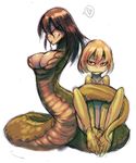  armless breasts frog_girl kanemaki_thomas lamia large_breasts monster_girl multiple_girls no_arms original snake_bondage 