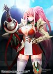  1girl armor armored_boots blush boots breasts cloud cloudy_sky female gauntlets gloves huge_breasts large_breasts long_hair looking_at_viewer moon pink_hair qurare_magic_library red_eyes sky snowball22 solo sun sword thighhighs weapon 