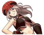  alisa_ilinichina_amiella blue_eyes breasts god_eater god_eater_burst hat large_breasts long_hair lowres midriff navel official_art open_mouth plaid project_x_zone silver_hair solo thighhighs transparent_background 