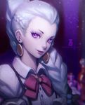  banned_artist braid death_parade earrings hair_over_shoulder jewelry lips long_hair looking_at_viewer nona_(death_parade) paul_kwon purple_eyes single_braid solo upper_body watermark web_address white_hair widow's_peak 