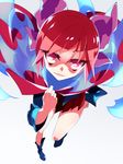  boots cape disembodied_head from_above full_body gradient gradient_background hair_ornament hair_ribbon long_sleeves looking_at_viewer mikan_(mkn_0710) open_mouth red_eyes red_hair ribbon sekibanki shaded_face shirt short_hair skirt smile solo touhou 
