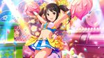  armpits artist_request belt black_hair bra brown_eyes cheerleader confetti hair_ribbon highres idolmaster idolmaster_cinderella_girls idolmaster_cinderella_girls_starlight_stage looking_at_viewer midriff nakano_yuka navel official_art open_mouth pom_poms ribbon skirt smile solo star twintails underwear 