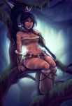  arm_warmers bangs bare_shoulders breasts cleavage dark_skin earrings facial_mark forehead_jewel full_body iahfy in_tree jewelry jungle league_of_legends leg_warmers loincloth long_hair medium_breasts midriff nature navel nidalee parted_bangs polearm ponytail sitting sitting_in_tree slender_waist smile solo spear strapless tooth_necklace tree tribal tubetop very_long_hair weapon yellow_eyes 
