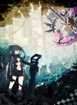  arm_cannon belt bikini_top black_footwear black_rock_shooter black_rock_shooter_(character) black_rock_shooter_(game) boots burning_eye coat commentary_request jianren knee_boots long_hair midriff multiple_girls navel scythe shorts sword thighhighs twintails uneven_twintails very_long_hair weapon white_footwear white_rock_shooter 