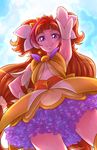  amanogawa_kirara arm_up armpits brown_hair chocokin cure_twinkle dress earrings frills go!_princess_precure jewelry magical_girl petticoat precure purple_eyes smile solo tiara 